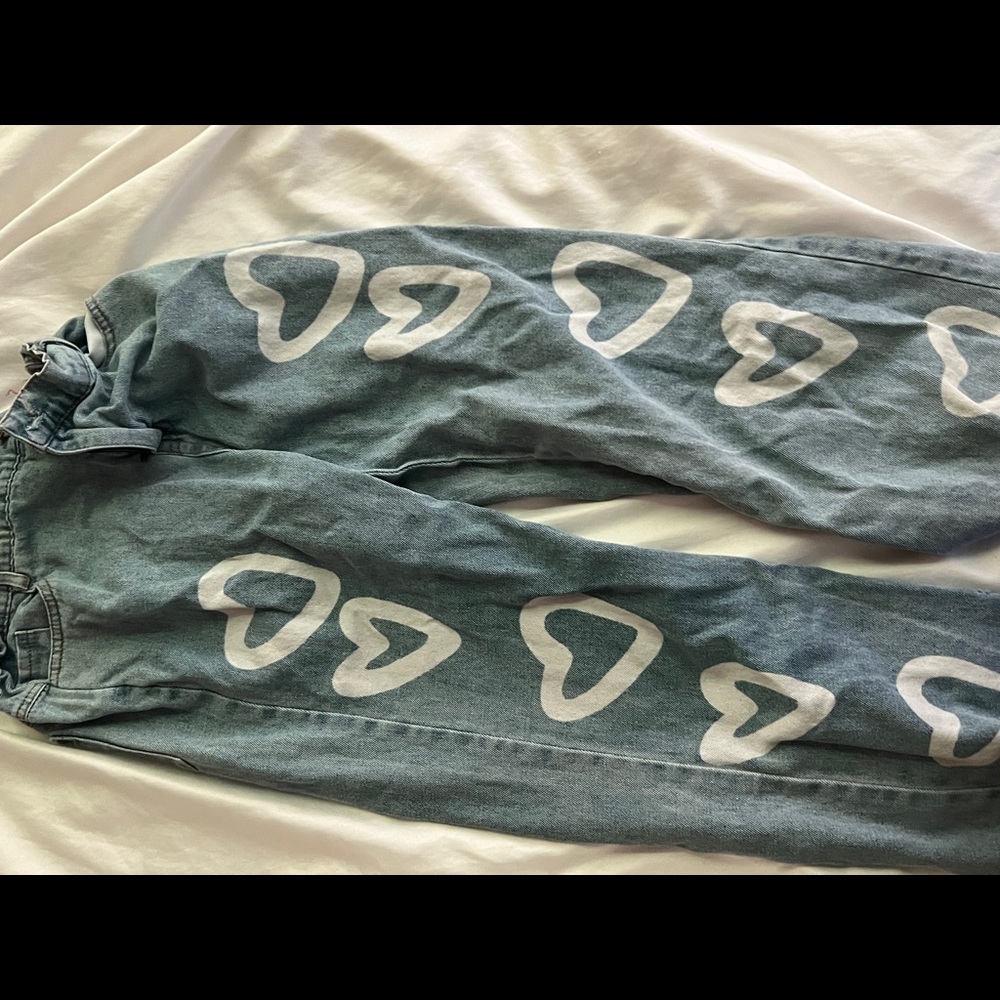 blue with white hearted pants